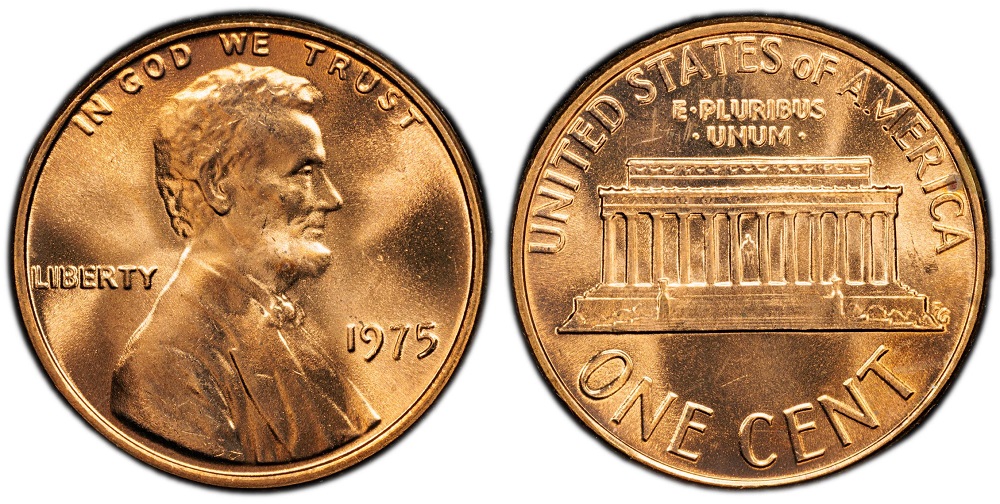 1975 Lincoln Memorial penny obverse and reverse showing typical copper luster