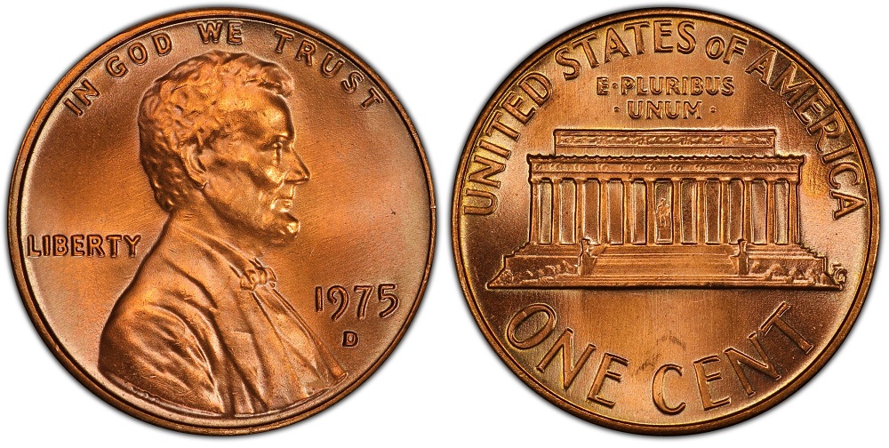 Side-by-side comparison of normal 1975 penny LIBERTY vs 1975 DDO doubled die obverse showing letter doubling