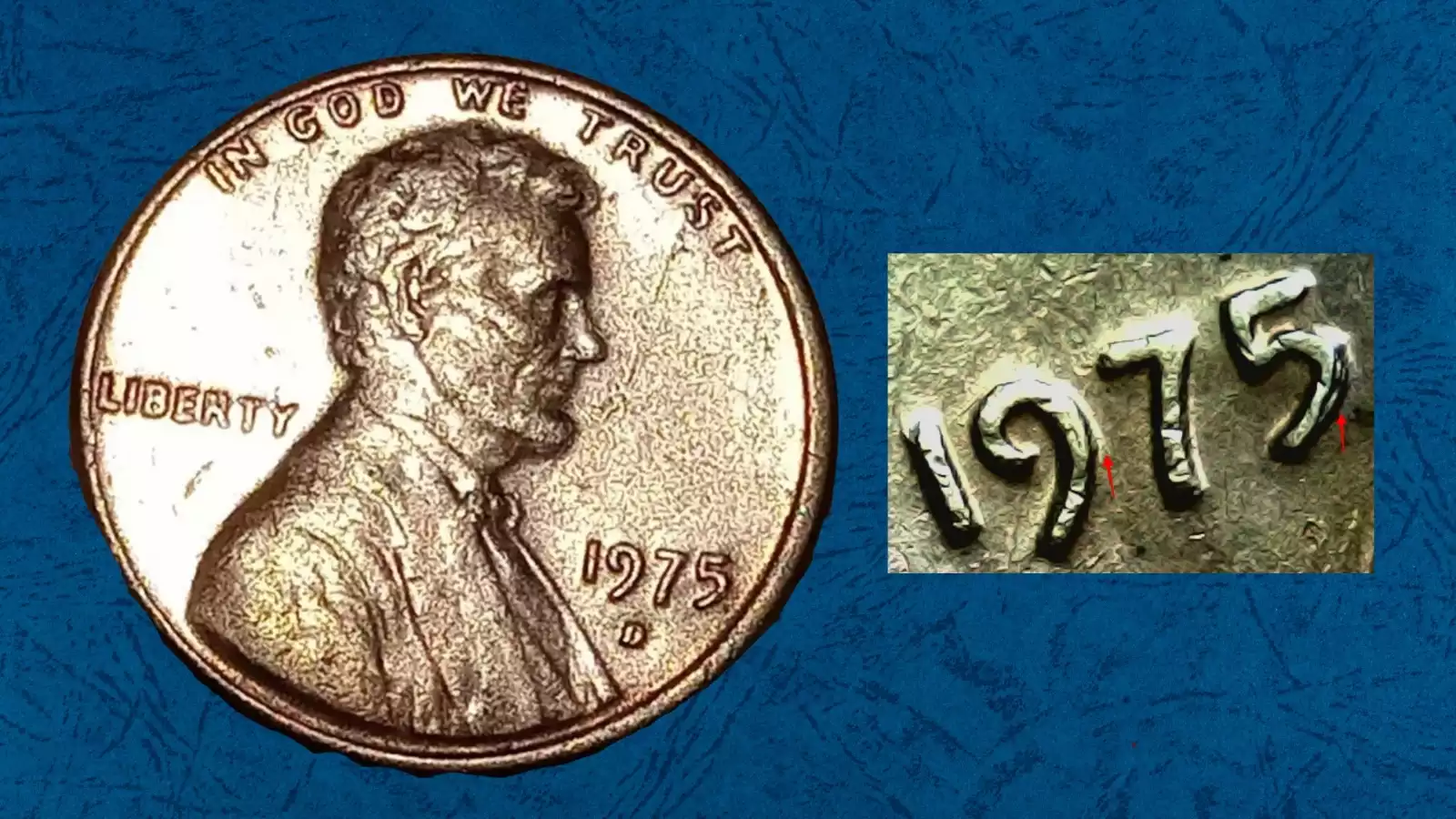 1975 penny DDO Doubled Die Obverse error showing doubling on LIBERTY inscription