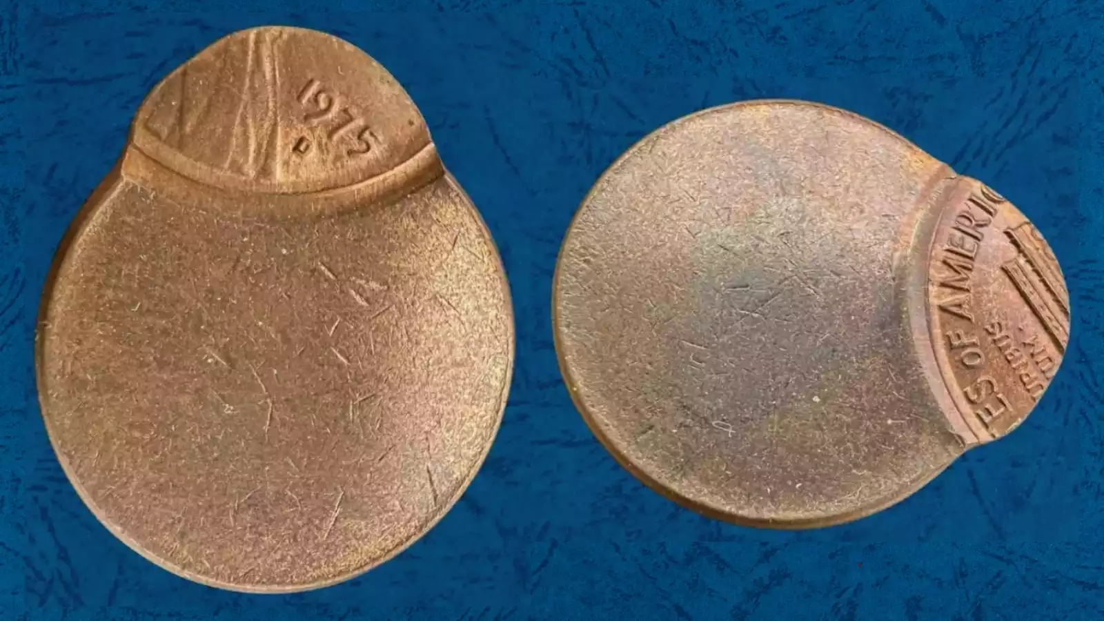 1975 penny off-center strike error showing partial design imprint and blank planchet area with date visible