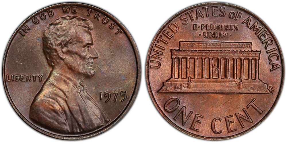 1975 penny grading strip showing four condition tiers from worn circulated to gem MS66 Red uncirculated